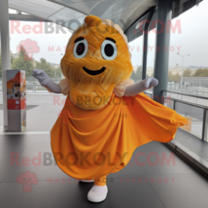 Orange Croissant mascot costume character dressed with a A-Line Dress and Shawl pins