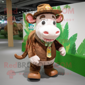 Brown Hereford Cow mascot costume character dressed with a Playsuit and Caps