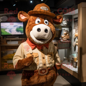 Brown Hereford Cow mascot costume character dressed with a Playsuit and Caps