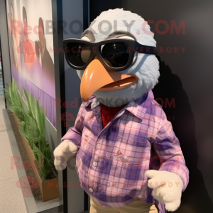 Lavender Pheasant mascot costume character dressed with a Flannel Shirt and Sunglasses