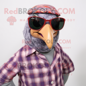 Lavender Pheasant mascot costume character dressed with a Flannel Shirt and Sunglasses