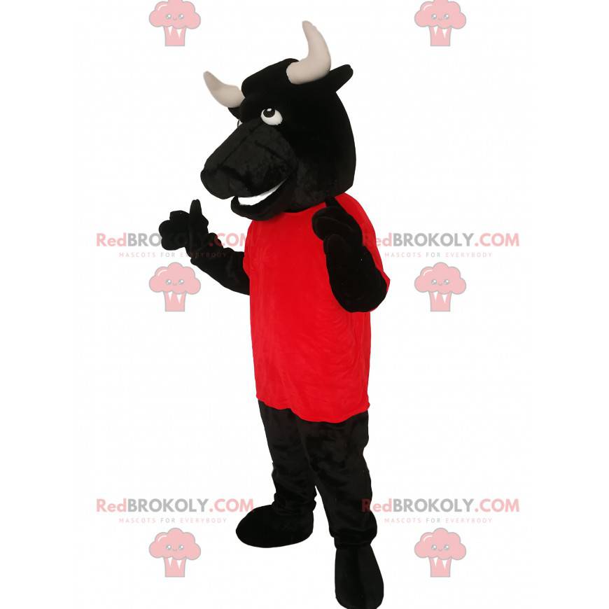 Mascotte del toro nero con una maglia rossa - Redbrokoly.com