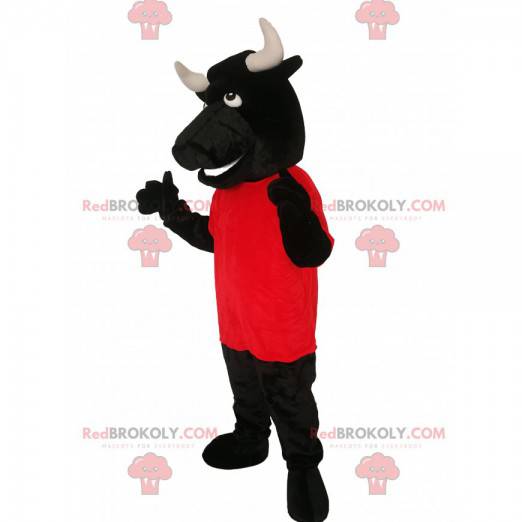 Mascotte de taureau noir avec un maillot rouge - Redbrokoly.com
