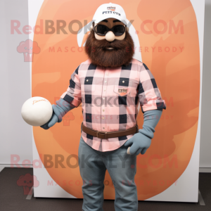 Peach Rugby Ball mascot costume character dressed with a Flannel Shirt and Bracelet watches