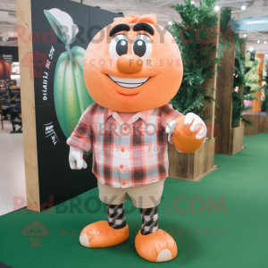 Peach Rugby Ball mascot costume character dressed with a Flannel Shirt and Bracelet watches