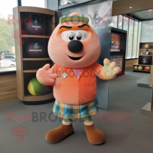 Peach Rugby Ball mascot costume character dressed with a Flannel Shirt and Bracelet watches