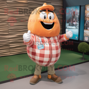 Peach Rugby Ball mascot costume character dressed with a Flannel Shirt and Bracelet watches