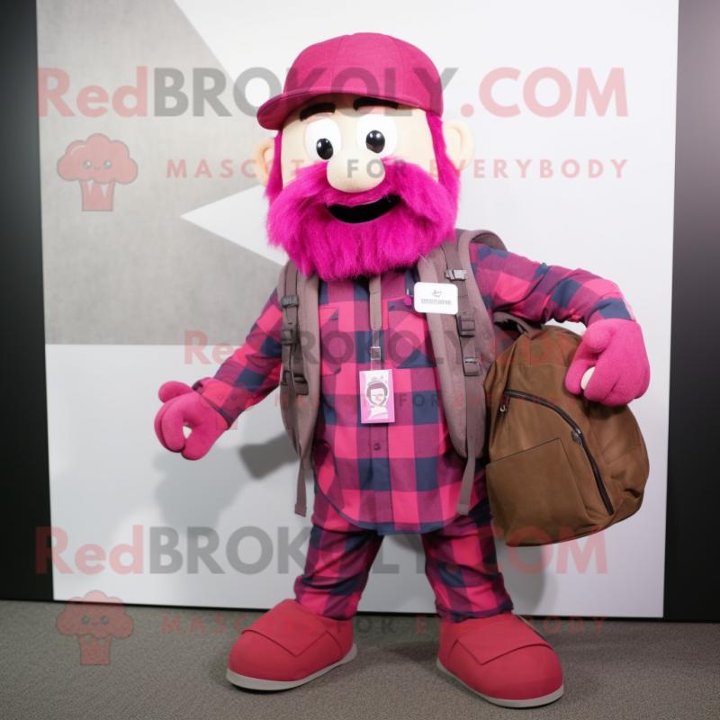 Magenta Para Commando mascot costume character dressed with a Flannel Shirt and Briefcases