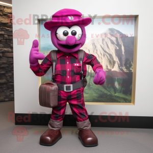 Magenta Para Commando mascot costume character dressed with a Flannel Shirt and Briefcases