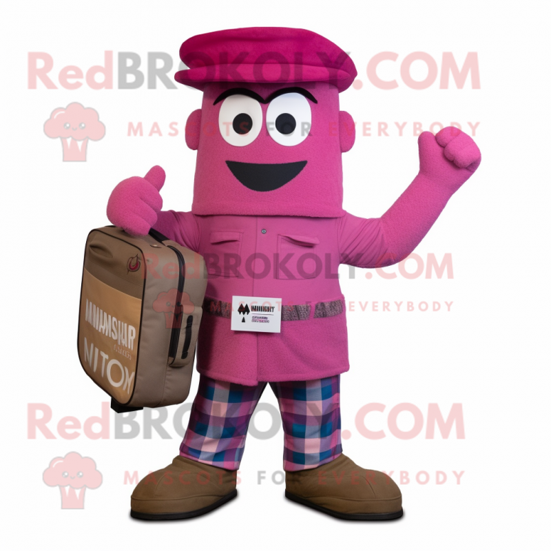 Magenta Para Commando mascot costume character dressed with a Flannel Shirt and Briefcases