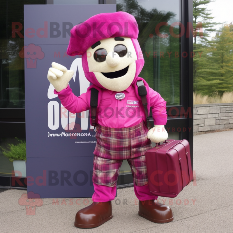 Magenta Para Commando mascot costume character dressed with a Flannel Shirt and Briefcases