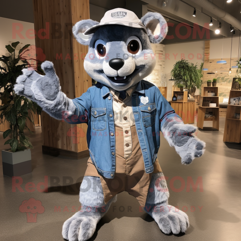 Gray Thylacosmilus mascot costume character dressed with a Chambray Shirt and Wraps Gray Thylacosmilus mascot costume character dressed with a Chambray Shirt and Wraps