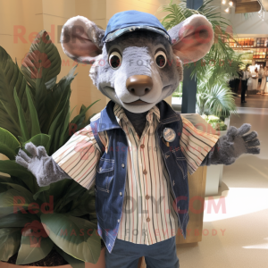 Gray Thylacosmilus mascot costume character dressed with a Chambray Shirt and Wraps