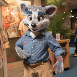 Gray Thylacosmilus mascot costume character dressed with a Chambray Shirt and Wraps