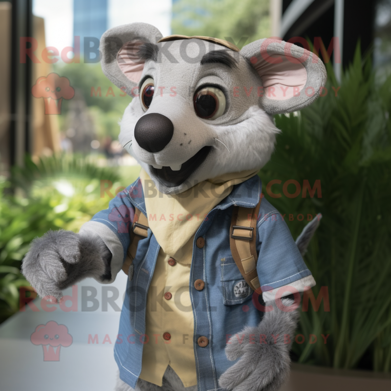 Gray Thylacosmilus mascot costume character dressed with a Chambray Shirt and Wraps