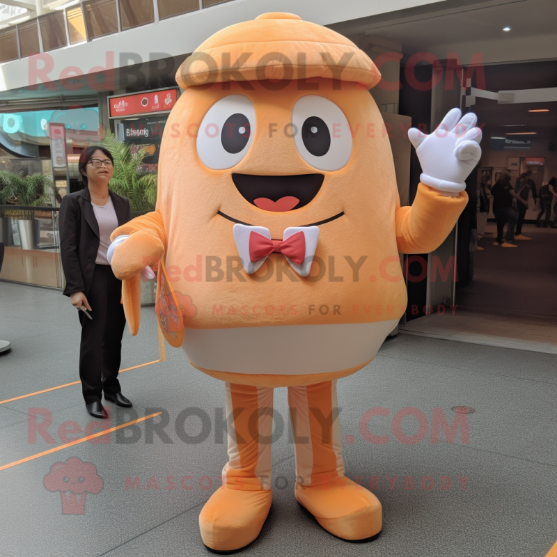 Peach Burgers mascot costume character dressed with a Suit Pants and Mittens