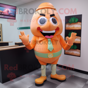 Peach Burgers mascot costume character dressed with a Suit Pants and Mittens