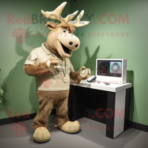 Beige Irish Elk mascot costume character dressed with a Long Sleeve Tee and Bracelet watches