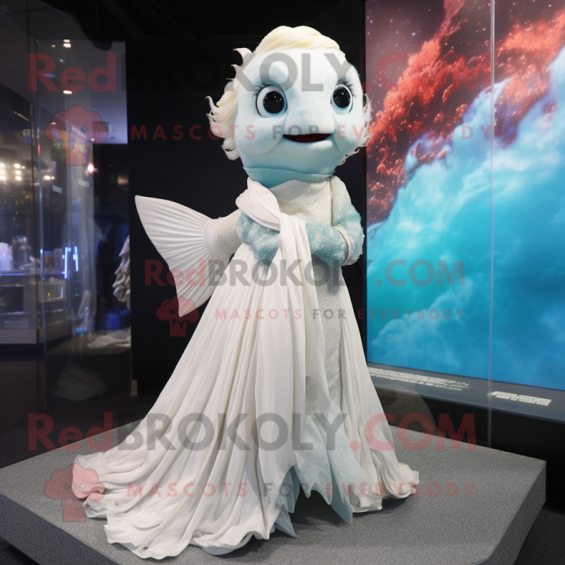 White Goldfish mascot costume character dressed with a Evening Gown and Scarves