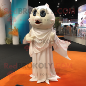 White Goldfish mascot costume character dressed with a Evening Gown and Scarves