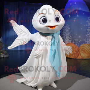 White Goldfish mascot costume character dressed with a Evening Gown and Scarves