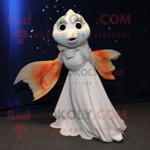 White Goldfish mascot costume character dressed with a Evening Gown and Scarves