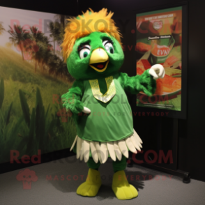 Forest Green Butter Chicken mascot costume character dressed with a Mini Skirt and Ties