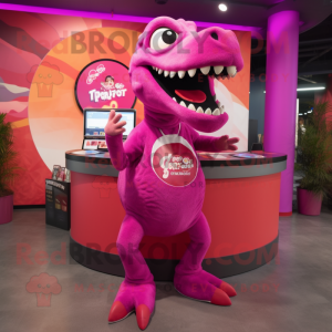 Magenta T Rex mascot costume character dressed with a Circle Skirt and Hairpins