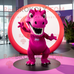 Magenta T Rex mascot costume character dressed with a Circle Skirt and Hairpins