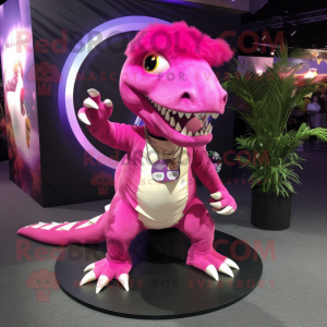 Magenta T Rex mascot costume character dressed with a Circle Skirt and Hairpins