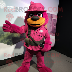 Magenta Sniper mascot costume character dressed with a Button-Up Shirt and Mittens