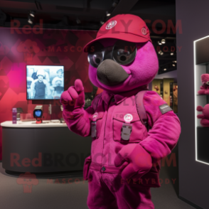 Magenta Sniper mascot costume character dressed with a Button-Up Shirt and Mittens