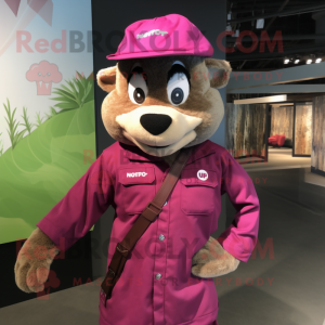 Magenta Sniper mascot costume character dressed with a Button-Up Shirt and Mittens