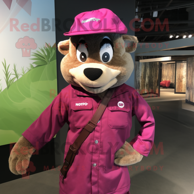 Magenta Sniper mascot costume character dressed with a Button-Up Shirt and Mittens Magenta Sniper mascot costume character dressed with a Button-Up Shirt and Mittens