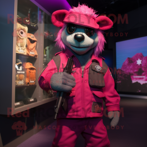 Magenta Sniper mascot costume character dressed with a Button-Up Shirt and Mittens