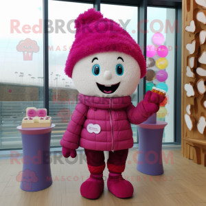 Magenta Cupcake mascot costume character dressed with a Parka and Pocket squares