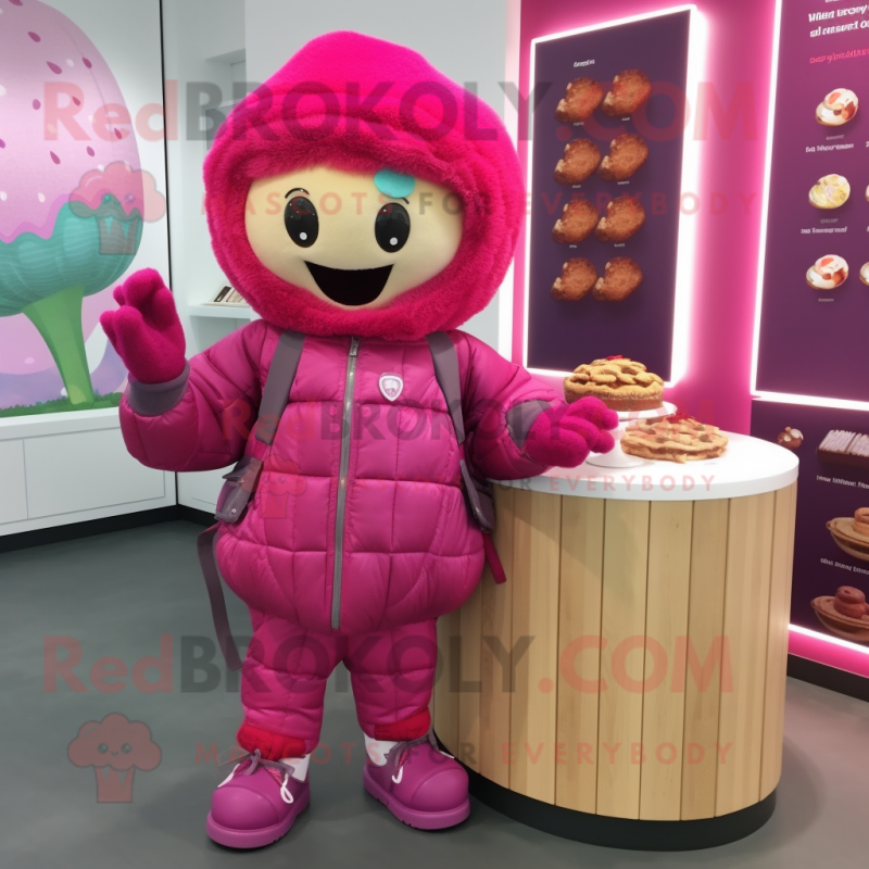 Magenta Cupcake mascot costume character dressed with a Parka and Pocket squares