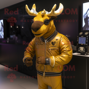 Gold Moose mascot costume character dressed with a Moto Jacket and Smartwatches