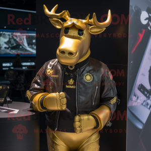 Gold Moose mascot costume character dressed with a Moto Jacket and Smartwatches