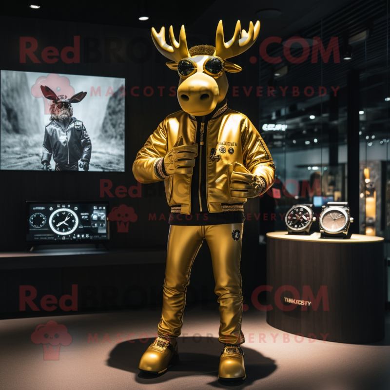 Gold Moose mascot costume character dressed with a Moto Jacket and Smartwatches