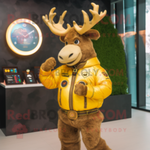 Gold Moose mascot costume character dressed with a Moto Jacket and Smartwatches