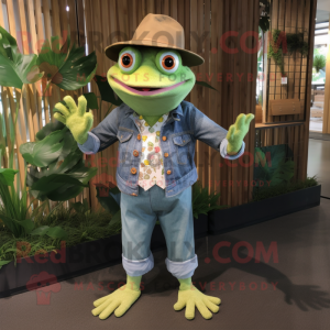 Forest Green Frog mascot costume character dressed with a Chambray Shirt and Hats