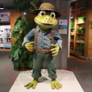 Forest Green Frog mascot costume character dressed with a Chambray Shirt and Hats