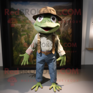 Forest Green Frog mascot costume character dressed with a Chambray Shirt and Hats