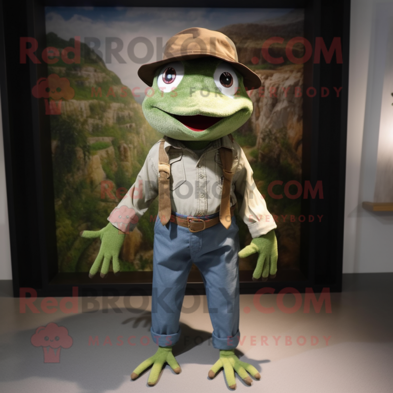 Forest Green Frog mascot costume character dressed with a Chambray Shirt and Hats Forest Green Frog mascot costume character dressed with a Chambray Shirt and Hats