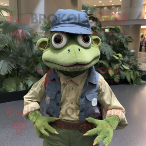 Forest Green Frog mascot costume character dressed with a Chambray Shirt and Hats