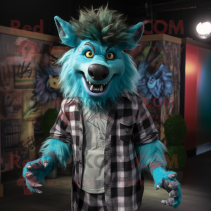 Turquoise Werewolf mascot costume character dressed with a Flannel Shirt and Earrings