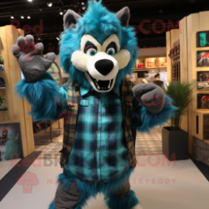 Turquoise Werewolf mascot costume character dressed with a Flannel Shirt and Earrings