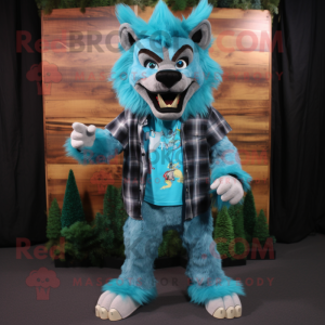 Turquoise Werewolf mascot costume character dressed with a Flannel Shirt and Earrings