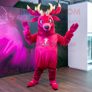 Magenta Elk mascot costume character dressed with a Playsuit and Bracelets